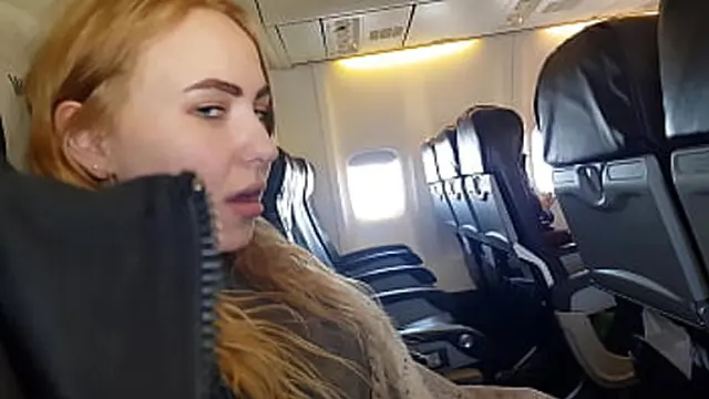 Blue-eyed prostitute enjoys public sex on an airplane