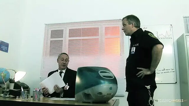 Curvy brunette cop takes a threesome before leaving with biggest tits