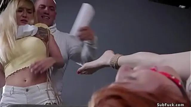 Derrick Pierce ties and whips big tits redhead MILF Lauren Phillips then captures her big tits blonde girlfriend Paisley Porter and fucks her in bondage threesome