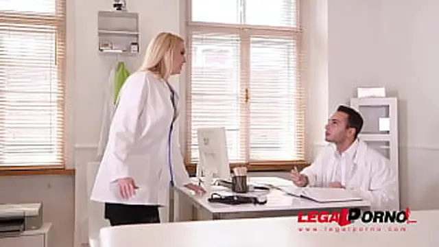 Blonde busty nurse Amber Jayne rides Doc's big fat dick at the XXX clinic GP454